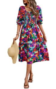 lot 10363 image: PRETTYGARDEN Womens Summer Dresses Casual Short Sleeve Square Neck Floral Elegant Formal Tiered Flowy Midi Beach Vacation Dresses (Blue Multicolored Flower,XL)