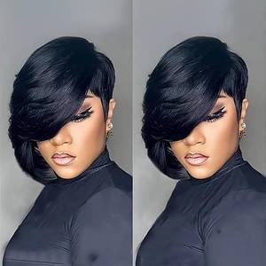 lot 10364 image: Yrenrea Pixie Cut Human Hair Wig with Bangs Glueless Human Hair Pixie Wigs with Long Bangs Straight Black Human Hair Wig 8 inch Elegant Pixie Cut Wig for Women 180% Density (Natural Black)