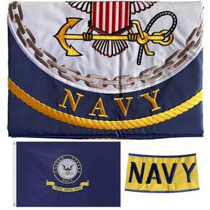 lot 10370 image: Embroidered Navy Emblem Flag Double Sided 3x5 Outdoor- 300D Heavy Duty Nylon- Military 3x5 Navy Outdoor Banner Flag- Brass Grommets & 4 Rows Stitched