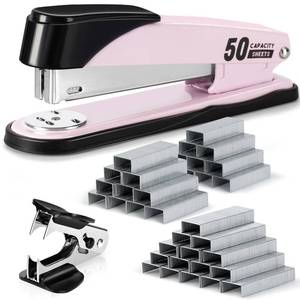 lot 10380 image: Deli Stapler Heavy Duty, Full Strip Staplers for Desk with 2000 Staples and Staple Remover, 50 Sheet Capacity, No Jam, Non-Slip Office Stapler with Staples for Office, Classroom, Pink