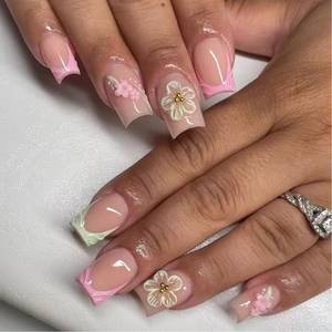 lot 12288 image: Pink French Tips Press on Nails Short Square Spring Fake Nails with 3D Flower Design Full Cover Glue on Nails Flowers Acrylic Nail Tips Kit Glossy Artificial Nails for Women Summer Nails Decor 24Pcs