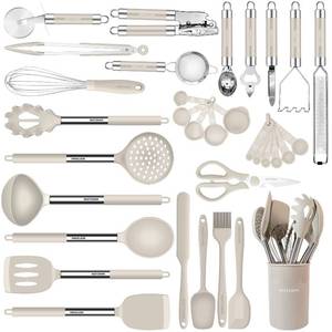 lot 13137 image: Kitchen Utensils Set-Silicone Cooking Utensils-33pcs Non-Stick Silicone Cooking Kitchen Utensils Spatula Set with Holder-Best Kitchen Cookware with Stainless Steel Handle (Khaki)