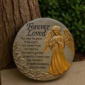 lot 13176 image: VEOJEIN Memorial Garden Stone, 9.45 Inch Round Stepping Stone with Angel Design, Outdoor Weather-Resistant Remembrance Decor