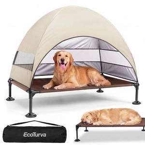 lot 13183 image: Elevated Dog Bed with Canopy - 3-Sided UV Protection Pet Tent with Wider Shade, Raised Cooling Outdoor Dog Cot with Breathable Mesh for Medium Large Dogs, Portable Bed for Camping, Patio (Khaki, L)