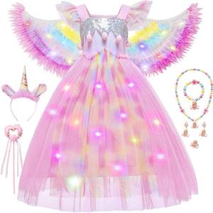 lot 14304 image: Latocos 9pcs Girls Unicorn Dress Costume Toddler Light Up Rainbow Princess Dress Up Clothes with Unicorn Toys Fairy Wings Halloween Birthday Party Gifts (130)