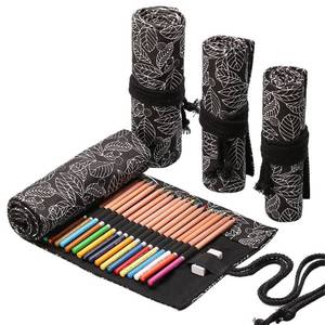 lot 14331 image: DIYOMR 243672 Slots Pencil Wrap Pencil Rolls, Artist Colored Pencils Roll Up Bag Short Brushes Pouch Case Pencils Organizer for Drawing Coloring and Sketching,No Pencils (Black Leaves, 36slots)