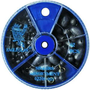 lot 14376 image: Eagle Claw Multi-Style Sinker Assortment  62 Sinkers  Plain Lead  Split-Shot  Egg  Pinch-On  Worm Weight  And Bass Casting Sinkers  Assorted Sizes  Dial Pack