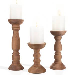 lot 19398 image: BANOMII Farmhouse Wooden Candle Holders for Pillar Candles Set of 3, Rustic Wood Candle Holder Table Centerpiece Decor, 12 9 6 Vintage Tall Candle Stand Decorative, Brown
