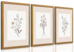 lot 19402 image: 3 Pcs Neutral Wildflower Wall Art, Vintage Botanical Prints, Wood Framed