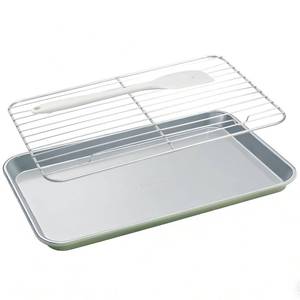 lot 19409 image: Ymiton 7PCS Ceramic-Coated Baking Sheet Set - 10x15in Jelly Roll Pan Non-Stick Cookie Sheet with Wire Rack, Silicone Spatula & 4 Cookie Cutters, PFAS Free, Oven Safe (550°F), Pistachio Green