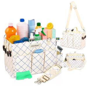 lot 19429 image: FifthStart Cleaning Caddy for Cleaning Supplies - Large Cleaning Bag Organizer Tote with Shoulder Strap, Mesh Base & Adjustable Dividers - Heavy Duty Cleaning Bags for Housekeepers (Blue Check, Large)