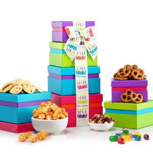lot 19436 image: Broadway Basketeers Birthday Gift Basket Tower - Birthday Snack Box with Sweet and Savory Treats for Men, Women, & Kids