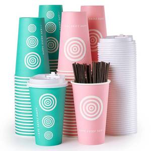 lot 20271 image: JollyPack Paper Coffee Cups with Lids and Stirrers, 16 oz 100 Pack