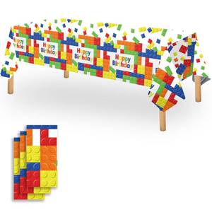 lot 20316 image: OQOQ Building Block Birthday Decorations Tablecloth (3 Packs, White), 54x108 Inches Disposable Table Cloth Rectangular Plastic Table Cover for Birthday Party Supplies