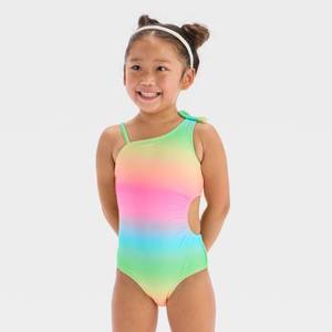 lot 20385 image: Baby Girls Cut Out One Piece Swimsuit With Bow - Cat & Jack Green 18M Rainbow Pattern, UPF 50 Protection