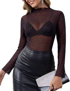 lot 20440 image: Gleeneat Womens Sparkly Mesh Long Sleeve Tops Black Sheer Lace Undershirts Sparkle Glitter See Through Rhinestone Mock Neck Layering Tee Shirt Country Concert Nashville Party Outfits 2025 Clothes