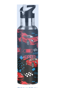 lot 8246 image: Stainless Steel Kids Insulated Bottle with Lid and Straw Graphic Design - STOCK IMAGE IS DIFFERENT THAN ACTUAL PRODUCT IMAGE