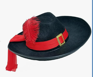 lot 8354 image: Black Hat with Red Feather and Red Band with Buckle - Stock image may not match actual product images