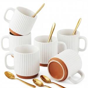 lot 1105 image: Ferrochef 6 Set Ceramic Coffee Mugs with Gold Spoons, 8.8 oz Textured Ribbed Coffee Cups for Latte & Cappuccino, Modern Farmhouse Tea Mugs with Handle, Dishwasher & Microwave Safe(White)