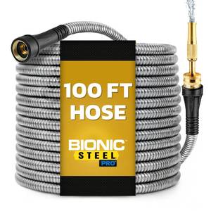 lot 1118 image: Bionic Steel PRO 100 Ft Garden Hose with Nozzle, Premium 304 Stainless Steel Metal Water Hose 100Ft Flexible Hose, Rust Proof, Lightweight, Heavy Duty, Crush Resistant Fittings, 500 PSI, 2025 Model