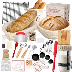 lot 1134 image: 52 Pcs Sourdough Starter Kit, Sourdough Bread Baking Supplies with 9 Round & 10 Oval Banneton Bread Proofing Basket, Cooling Rack, Sour Dough Starter Jar, Bread Making Kit Gifts for Women Wife Mom