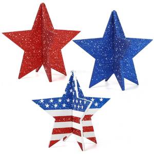 lot 2292 image: 6 Glitter Red Blue White Patriotic 3D Stars, 4th of July Decorations Set