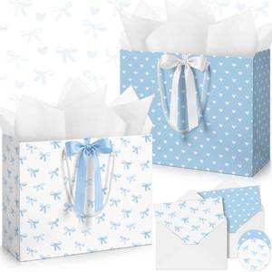 lot 2294 image: Silkfly 2 Pack 13 Large Blue Baby Shower Paper Gift Bag with Bow Ribbon