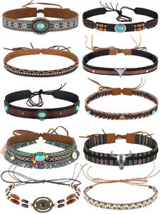 lot 2310 image: Zeyune 10 Pcs Cowboy Hat Bands Ethnic Western Hat Belts Rural Cowgirl Turquoise Hatbands Beaded Cowboy Supply(Exquisite Style)
