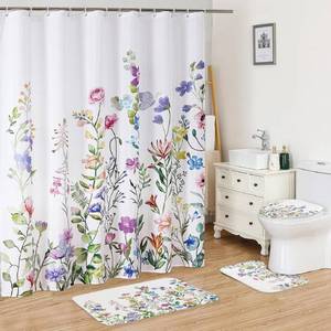 lot 2389 image: FUN WEEKEND 4 Pieces Shower Curtain Set with Non-Slip Rugs, Toilet Lid Cover and Bath Mat, 72x72 Spring Floral Fabric Shower Curtains, Durable Waterproof Bathroom Curtains Shower Set with Hooks