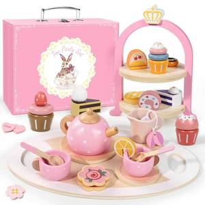 lot 3814 image: Wooden Tea Party Set for Little Girls, Toddler Girl Gifts Princess Tea Time Toys, Wooden Tea Set Tray Cake Dessert, Kids Kitchen Pretend Play, Birthday for Girls Age 2-5 Years Old