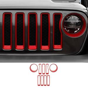 lot 3846 image: JeCar Red Gille Grill Inserts & Headlight Covers Trim Accessories Fit for Jeep Wrangler JL JLU 2018-2023 Exterior Accessories