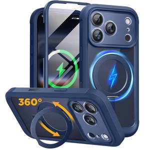 lot 4032 image: miracase for iPhone 17 Pro Case with 360 Spin Magnetic Stand, Full-Body Phone Case with Built-in Glass Screen Protector & Camera Control, Drop Proof iPhone 17 Pro Cover, Dark Blue
