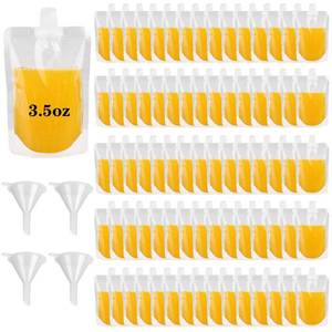 lot 4037 image: 120 Pcs Plastic Liquid Bags, 3.5 Oz Juice Reusable Plastic Pouches Leak-Proof Juice Pouches Bags with 4 Funnels for Travel Outdoor Sports, Concerts, Events