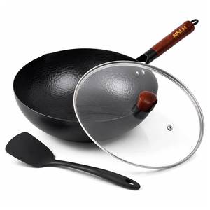 lot 5733 image: NSLH 12.6 Inch Carbon Steel Wok Pan with Glass Cover, Pre-Seasoned Flat Bottom Wok for Chinese Cooking, Woks & Stir-Fry Pans Cookware, Compatible with Induction, Electric, Gas & Halogen