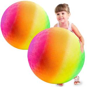 lot 6307 image: 18-Inch Rainbow Playground Balls (2-Pack) with Hand Pump, Jumbo Kickballs