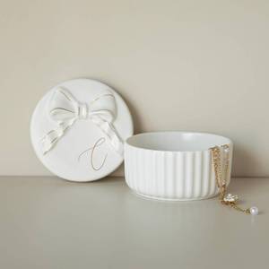 lot 8375 image: COLLECTIVE HOME Ceramic Jewelry Box with Bow, Nightstand Vanity Decor(C)