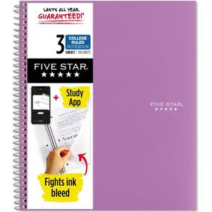 lot 8387 image: Five Star Spiral Notebook  Study App, 3 Subject, College Ruled Paper, 8-12 x 11, 150 Sheets, Fights Ink Bleed, Water Resistant Cover, Amethyst Purple (38746)