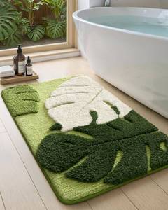 lot 8397 image: Color&Geometry Green Leaf Bathroom Rug, 20x32, Plush Plant Decor Bath Mat