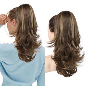 lot 8402 image: LONAI Ponytail Extension for Women,18 Inch Layered Wavy Pony Tail Hair Extensions, Natural Drawstring Ponytail Synthetic Hairpiece for Daily Wear (Deep Brown with Blonde)