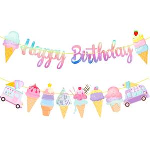 lot 8435 image: Ice Cream Birthday Party Banners Ice Cream Theme Decorations Colorful Happy Birthday Banners for Summer Theme Sweet Two Party Baby Shower Supplies