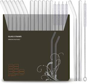 lot 8436 image: 16 Pack Reusable Glass Straws, 6 Straight and 6 Bent with 4 Cleaning Brush