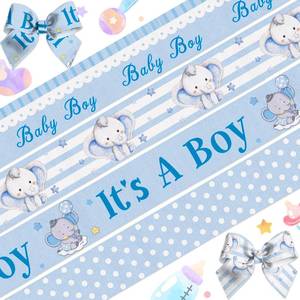 lot 8461 image: LANGFON 4 Rolls Baby Boy Ribbons - Linen Blue Diaper Cake Decor Ribbons for Gender Reveal Party Baby Shower Family Surprise Craft Gift Wrapping Decoration Supplies - 20 Yards