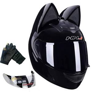 lot 9225 image: Cat Ear Motorcycle Helmet,Men and Women Cool Cute Cat Full Face Helmet,DOT Certification Standard,Suitable for All Seasons,Black,M