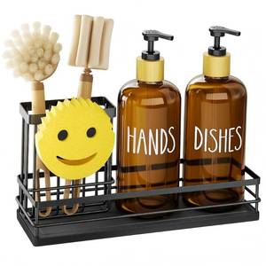 lot 9230 image: Moforoco Kitchen Dish Soap Dispenser Set, 16OZ Glass Bottle, Hand and Dish Soap Dispenser Set, Instant Dry Tray, Brush Holder with Smiley Face Sponge Holder (Black TrayAmber Bottle)