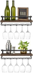 lot 9267 image: Mkono Wall Mounted Wine Rack Set of 2 Wood Rustic Wine Bottle Glass Floating Shelves with Stemware Hanger Modern Plants Photos Wine Display Storage Holder for Kitchen Dining Room Bar, 17 Inch