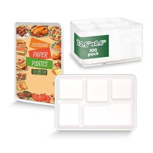 lot 9272 image: ZOES HOMEWARE 5 Compartment Plates Disposable, 100 Pack, 12.5 X 8.6 100% Compostable Disposable Paper Plates with Dividers for School Lunch, Party, Buffet, Picnic