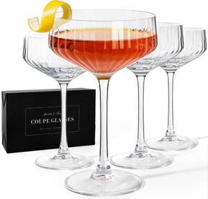 lot 9277 image: VIMERPA Coupe Glasses, 10oz Ribbed Coupe Martini Glass Set of 4, for Martini Cocktail, Wine, Champagne, Espresso, Crystal Retro Style for Cocktail Bar Drinks, Vintage Art Deco Glassware