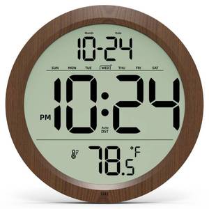 lot 9287 image: Digital Wall Clock Battery-Operated, 8 Inch Small Decorative Modern Wood Wall Clock with Date, Temperature, Auto-DST, Silent Electric Wall Clock for Bedroom, Living Room, Kitchen, Office, Farmhouse