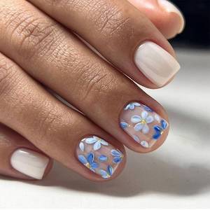 lot 10384 image: Press on Nails Short Square Fake Nails with Blue Flower Designs White Acrylic Nails Cute Nails Press ons Glossy Glue on Nails Spring False Nails Full Cover Stick on Nails for Women 24 Pcs