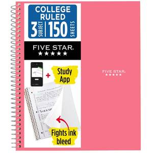 lot 10389 image: Five Star Spiral Notebook  Study App, 3 Subject, College Ruled Paper, 8-12 x 11, 150 Sheets, Fights Ink Bleed, Water Resistant Cover, Prom Pink (820003R)